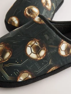 Zwart met goudkleurige voetbal - Warme gevoerde pantoffelmuiltjes