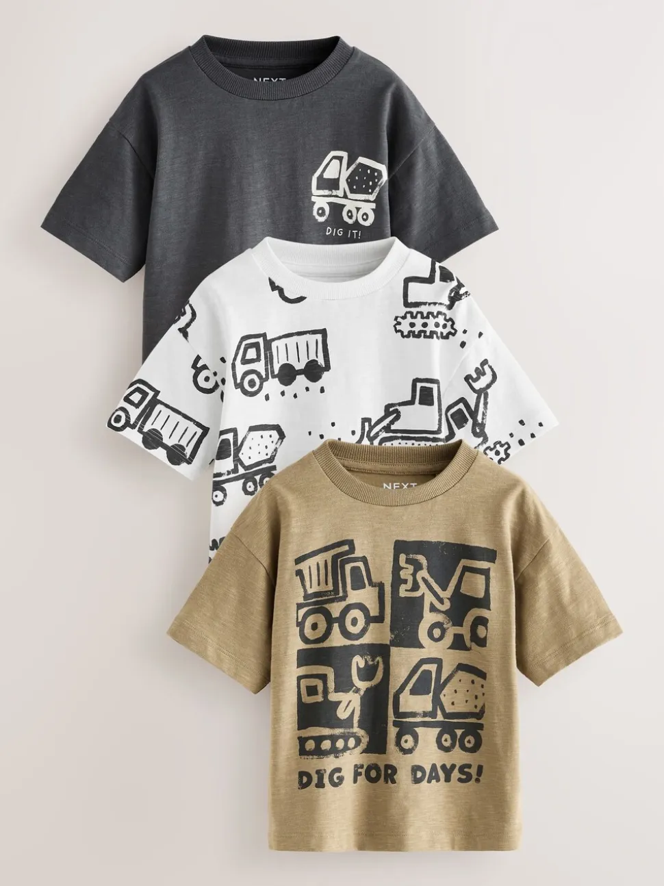Zwart met graafmachine - Short Sleeve All Over Graphic Print T-Shirts 3 Pack (3mths-7yrs)