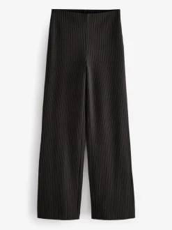 Zwart met krijtstreep - Smoothing Ponte Jersey Broek met Wijde Pijpen