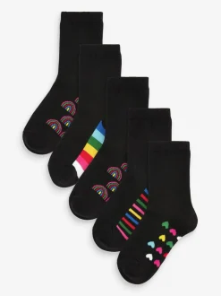 Zwart met regenboogkleuren - Set van 5 paar enkelsokken met voetbed en katoengehalte