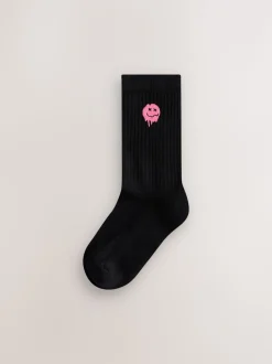 Zwart met smiley - Sport Rib Socks 5 Pack