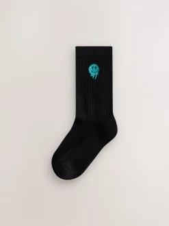 Zwart met smiley - Sport Rib Socks 5 Pack