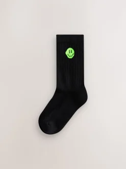 Zwart met smiley - Sport Rib Socks 5 Pack