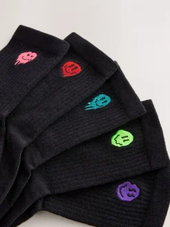 Zwart met smiley - Sport Rib Socks 5 Pack