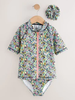 Zwart met vrolijke bloemenprint - Sunsafe Rash Vest Bikini And Scrunchie Swim Set (3-16yrs)