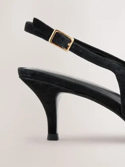 Zwart suède - Leren slingbackhakken met uitsnijdingen en hardwaredetails