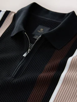 Zwart/bruin - Verticaal gestreepte polo met korte rits