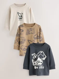 Zwart/bruin met graafmachine - Set van 3 T-shirts met grafische print en lange mouwen (3mnd-7jr)