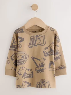Zwart/bruin met graafmachine - Set van 3 T-shirts met grafische print en lange mouwen (3mnd-7jr)