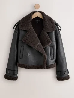 Zwart/chocoladebruin - Faux Shearling Cropped Aviator Jacket