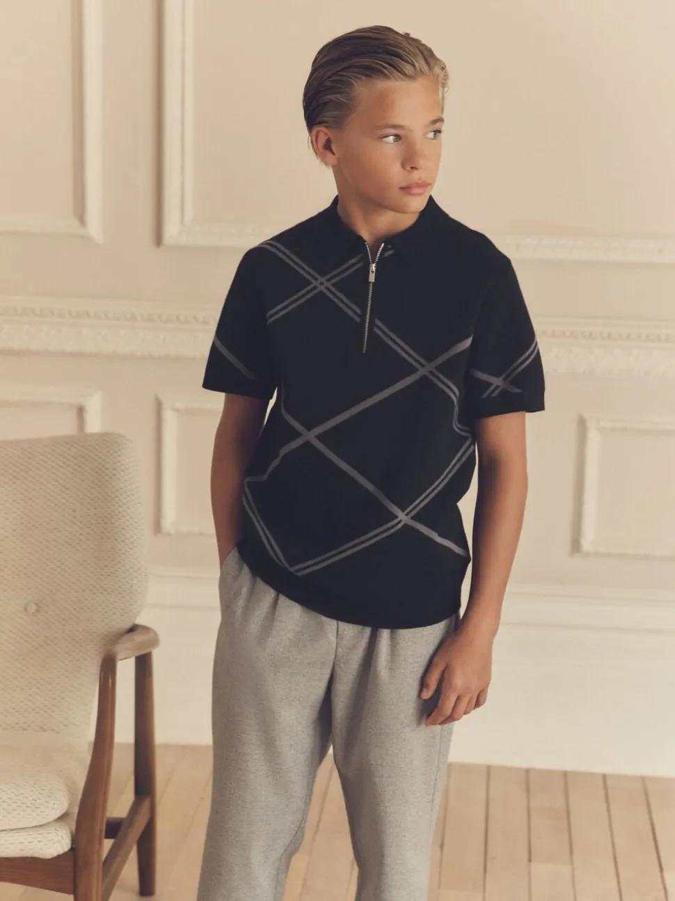 Zwarte ruit - Gebreid poloshirt met rits bij de hals (3-16jr)