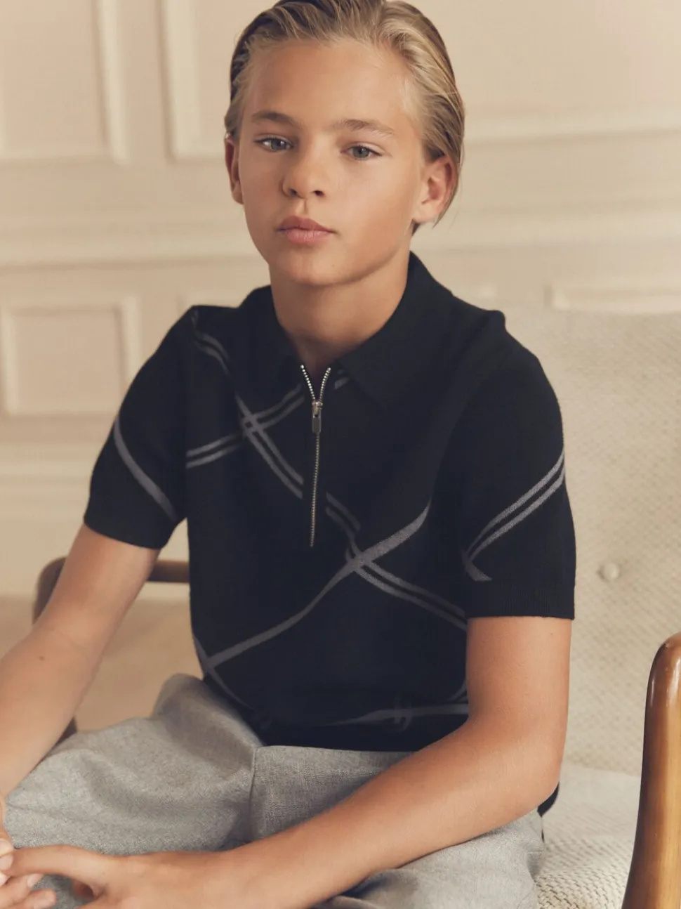 Zwarte ruit - Gebreid poloshirt met rits bij de hals (3-16jr)