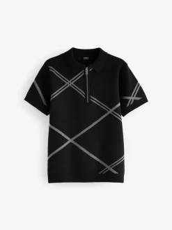 Zwarte ruit - Gebreid poloshirt met rits bij de hals (3-16jr)