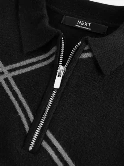 Zwarte ruit - Gebreid poloshirt met rits bij de hals (3-16jr)