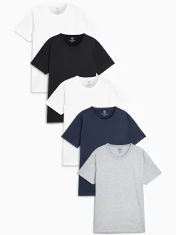 Zwart/gemêleerd grijs/wit/marineblauwe - Slim Fit - Set van 5 100% katoenen T-shirts met laagjes