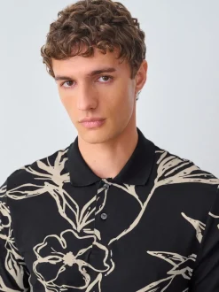 Zwartgoud met bloemenprint - Poloshirt met korte mouwen en print