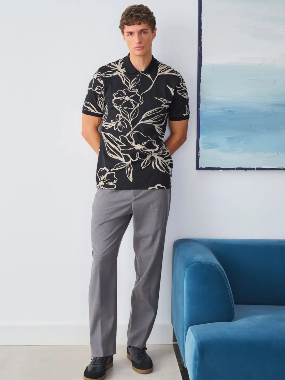 Zwartgoud met bloemenprint - Poloshirt met korte mouwen en print