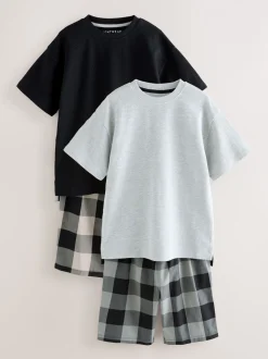 Zwart/grijs - 2 Pack Geweven Ruit Oversized Pyjama's (3-16jr)