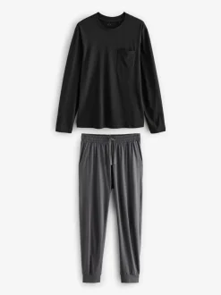 Zwart/grijs - Long Sleeve Cuffed 100% Cotton Pyjamas