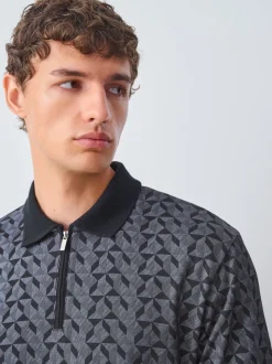 Zwart/grijs Geo - Pattern Quarter Zip Polo Shirt