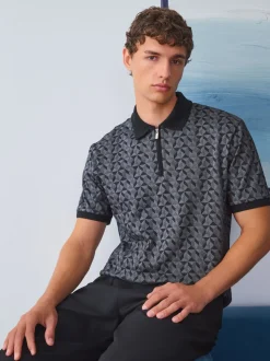 Zwart/grijs Geo - Pattern Quarter Zip Polo Shirt