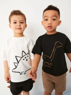 Zwart/lichtbruine dinosaurus - Set van 2 T-shirts met korte mouwen en shorts (3 mnd - 7 jr) (3 mnd - 7 jr)