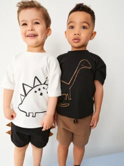 Zwart/lichtbruine dinosaurus - Set van 2 T-shirts met korte mouwen en shorts (3 mnd - 7 jr) (3 mnd - 7 jr)