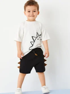 Zwart/lichtbruine dinosaurus - Set van 2 T-shirts met korte mouwen en shorts (3 mnd - 7 jr) (3 mnd - 7 jr)