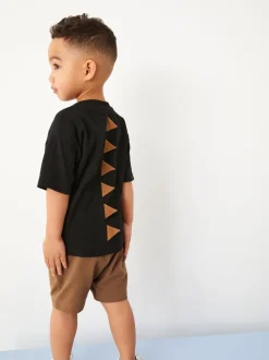 Zwart/lichtbruine dinosaurus - Set van 2 T-shirts met korte mouwen en shorts (3 mnd - 7 jr) (3 mnd - 7 jr)