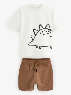 Zwart/lichtbruine dinosaurus - Set van 2 T-shirts met korte mouwen en shorts (3 mnd - 7 jr) (3 mnd - 7 jr)