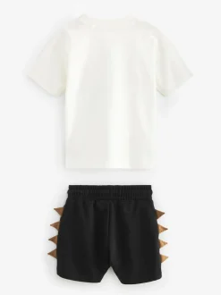 Zwart/lichtbruine dinosaurus - Set van 2 T-shirts met korte mouwen en shorts (3 mnd - 7 jr) (3 mnd - 7 jr)