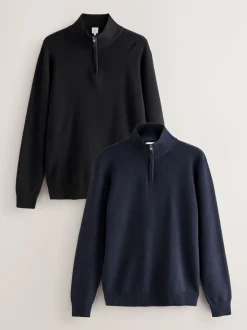 Zwart/marineblauw - 100% Cotton Regular Fit Premium Quarter Zip Jumpers 2 Pack