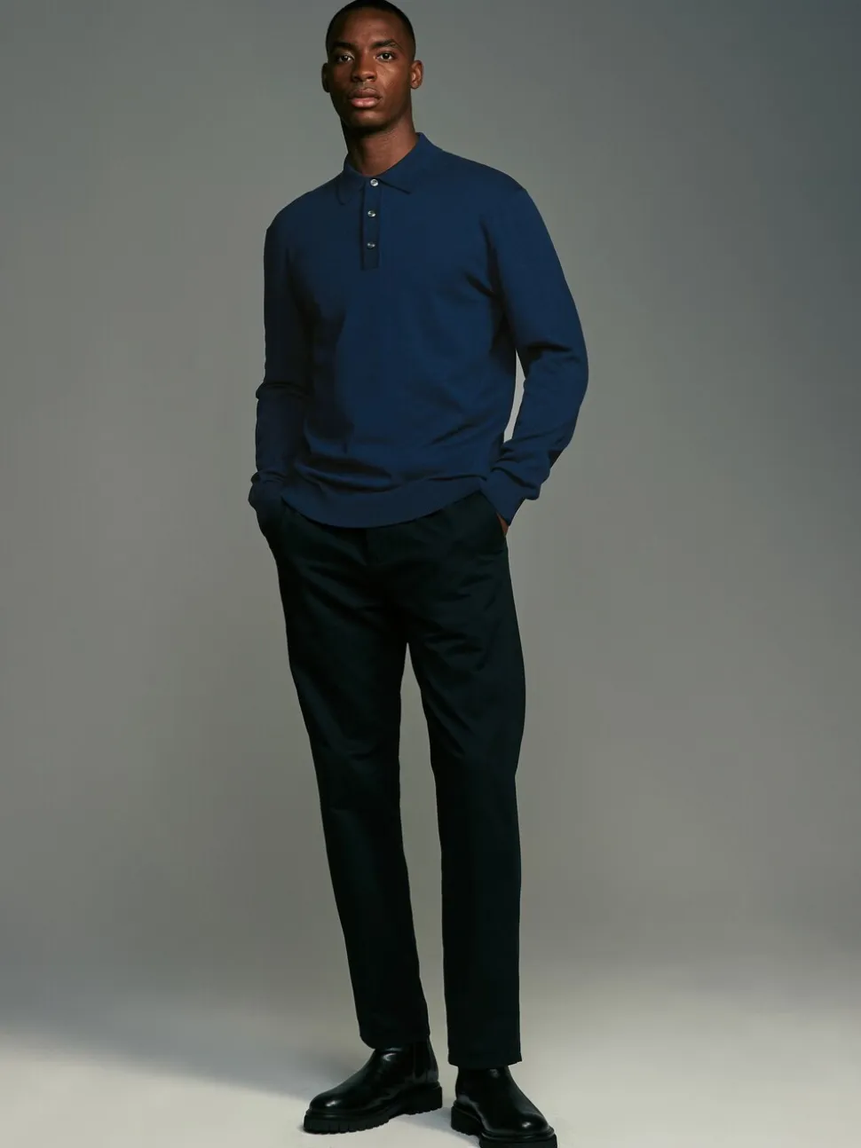 Zwart/marineblauw - Gebreide poloshirts met lange mouwen 2 -pack