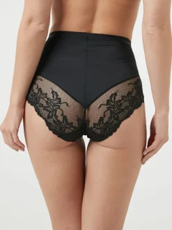 Zwart/praline huidskleur - Verpakking van 2 Braziliaanse slipjes met kanten achterkant en buikcorrigerend effect en print