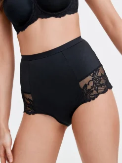 Zwart/praline huidskleur - Verpakking van 2 Braziliaanse slipjes met kanten achterkant en buikcorrigerend effect en print