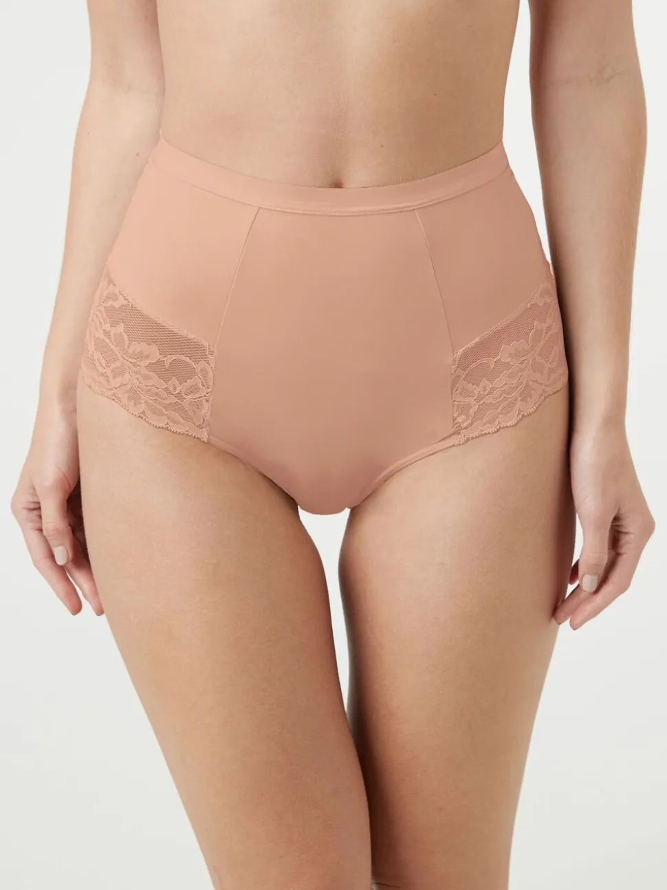Zwart/praline huidskleur - Verpakking van 2 Braziliaanse slipjes met kanten achterkant en buikcorrigerend effect en print
