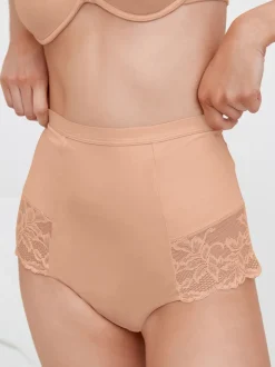 Zwart/praline huidskleur - Verpakking van 2 Braziliaanse slipjes met kanten achterkant en buikcorrigerend effect en print