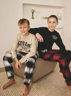 Zwart/Rood/kiezelkleurig Offline - Set van 2 geweven geruite pyjama's met lange mouwen (3-16jr)