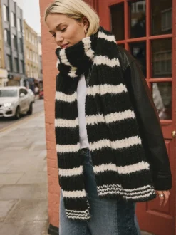 Zwart/wit - Knitted Wool Blend Striped Scarf