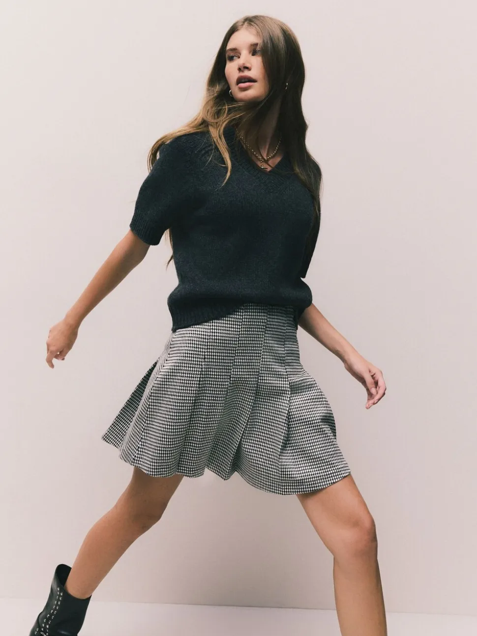 Zwart-wit geruit - Mini Jersey Pleated Skirt