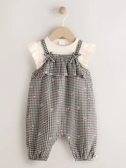Zwart/wit geruite kers - Babyset van rompertje met korte mouwen en tuinbroek (0mnd -2jr)