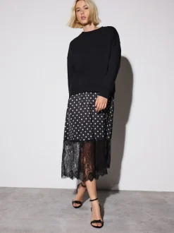 Zwart-wit gestipt - 2-In-1 Sweatshirt met Satijnen Midi Rok