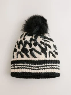 Zwart/wit met dierenprint - Gebreide muts met pompon