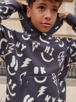 Zwart-wit met figuurtjes - Gebreide hoodie (3-16jr)