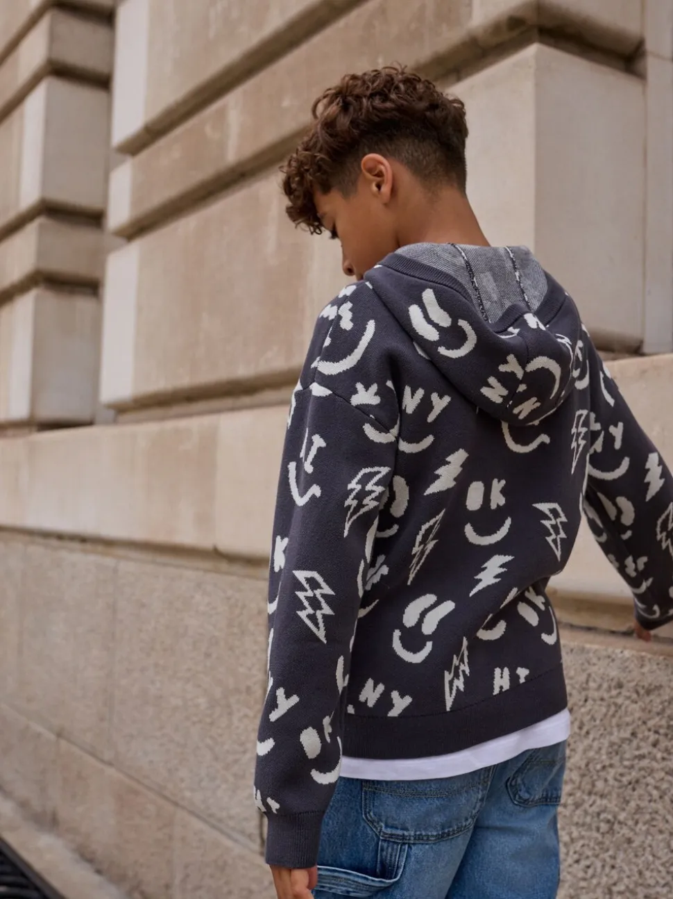 Zwart-wit met figuurtjes - Gebreide hoodie (3-16jr)