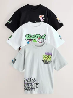 Zwart/wit/grijs - Verpakking van 3 relaxte T-shirts met grafische print en korte mouwen (3-16jr)