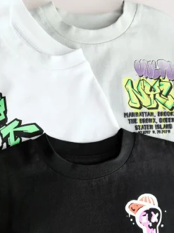 Zwart/wit/grijs - Verpakking van 3 relaxte T-shirts met grafische print en korte mouwen (3-16jr)