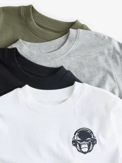 Zwart/wit/grijs gemêleerd/kaki - Verpakking van 4 T-shirts met kleine grafische print en korte mouwen (3 - 16 jr)
