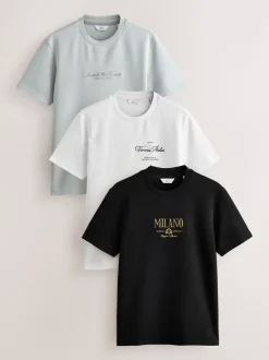 Zwart/wit/grijs met borduursel - Slim Fit - Set van 3 T-shirts met print
