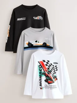 Zwart/wit/grijze auto's - 3 Relaxed Fit T-shirts met grafische print en lange mouwen (3-16jr)